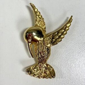 Vintage Crystal Eye Clear Rhinestone Hummingbird Brooch Pin Gold Tone